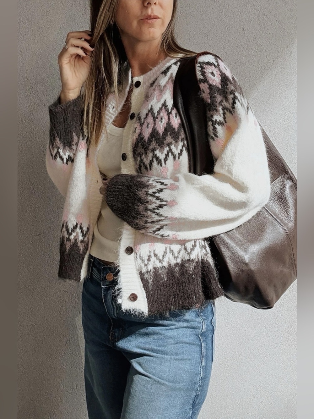 Geometric Pattern Brushed Knit Button Cardigan - Picture 5 of 14